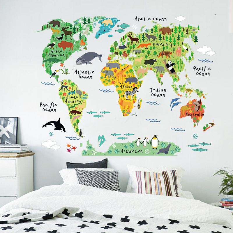 Puzzle Map World - Cartoon Animal Territory Map Vinyl Wall